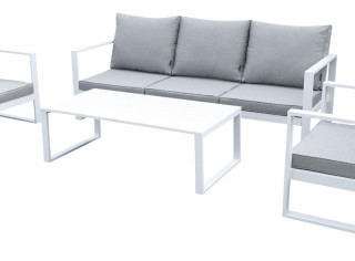 4-elementowy, minimalistyczny zestaw mebli ogrodowych, w skład którego wchodzi sofa, dwa fotele i stolik kawowy z eleganckim aluminiowym blatem.